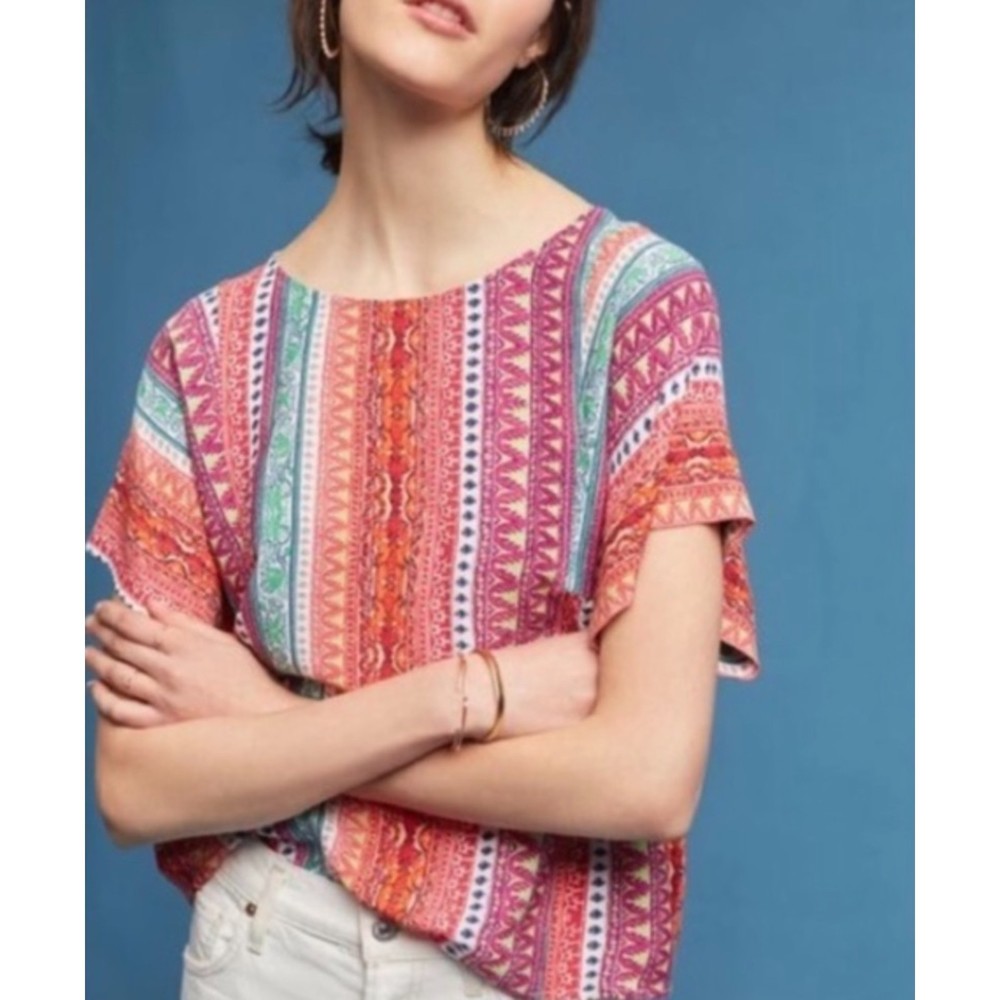 Anthropologie Maeve Milla Multicolor Striped Colorful Short Sleeve Top Size S